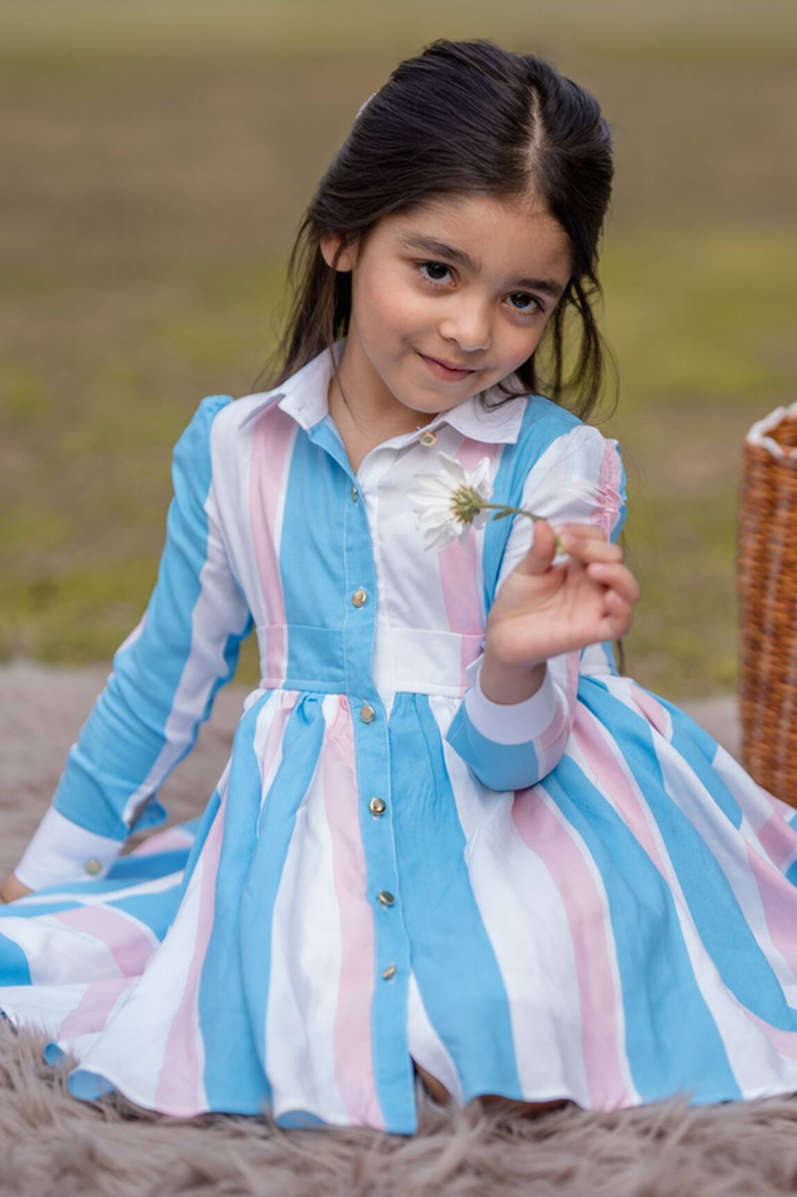 The Pony & Peony Co. - Blue 100% Cotton Striped Candy Pattern Structured  Shirt Dress For Girls